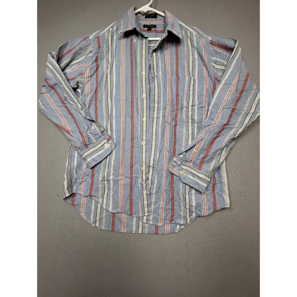 Robinsons Button Down Shirt 100% Cotton Chambray Striped Blue Red Medium Mens